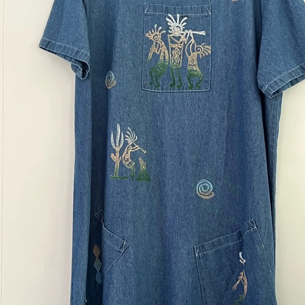 Cactus California Vintage Denim Dress Hand- Painted Kokopelli & Cactus Sz Large - Picture 10 of 16